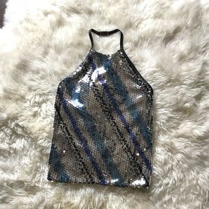 Express Sequin Top with Open Back
